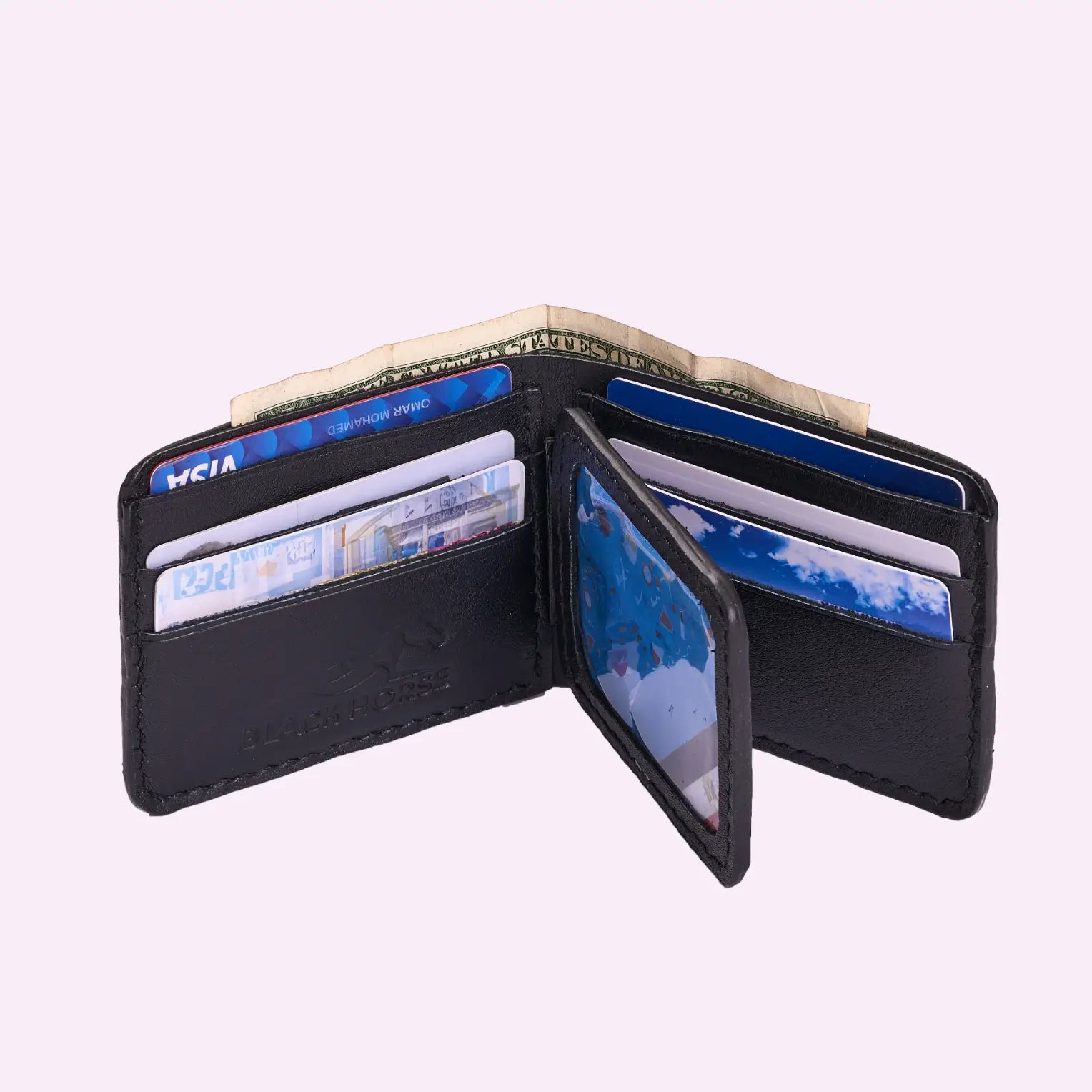 Bifold Leather Wallet with Transperent Card-ID, Black.
