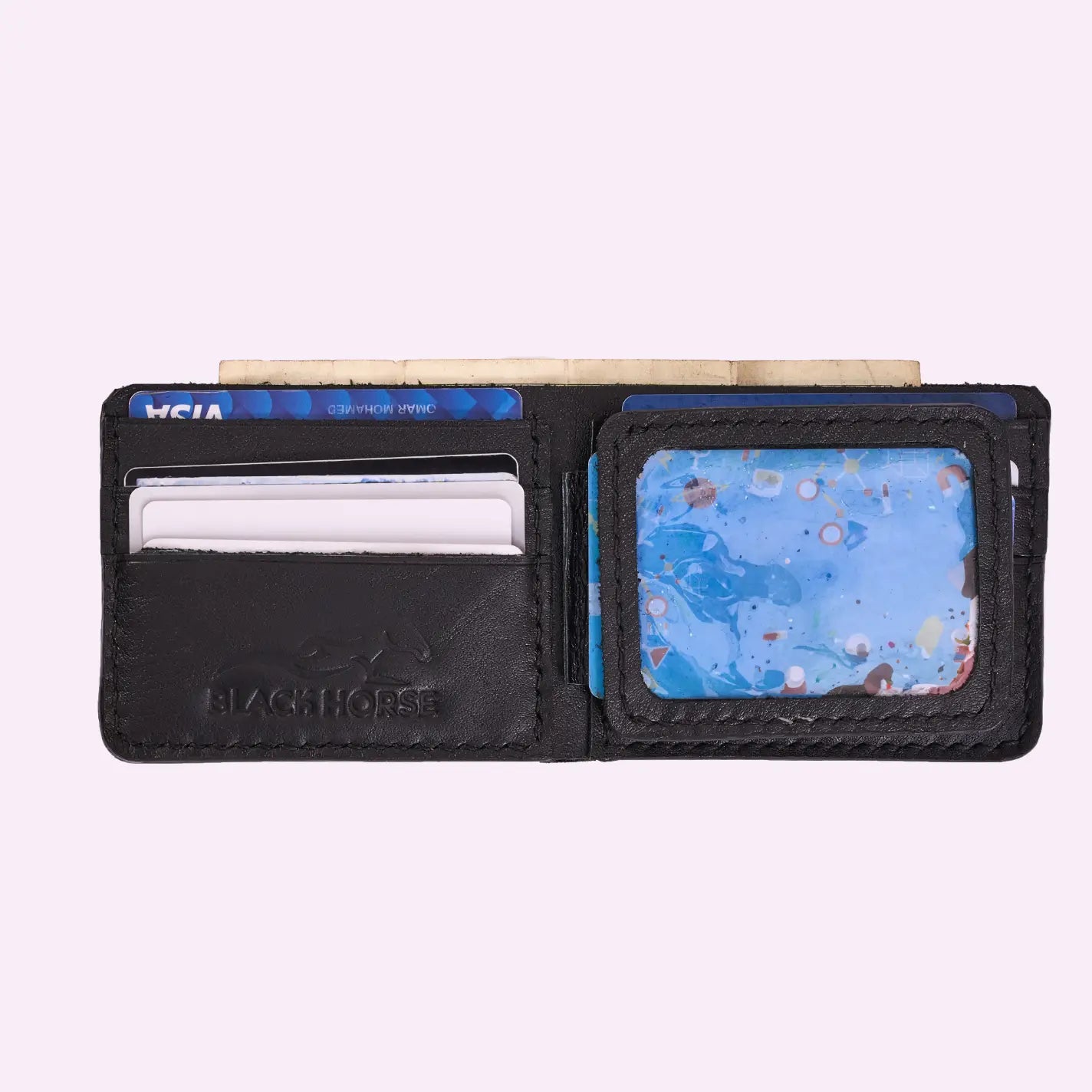 Bifold Leather Wallet with Transperent Card-ID, Black.