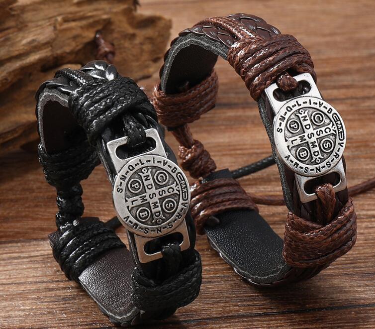 Saint Benedict Leather Bracelet (Handmade, One Piece)