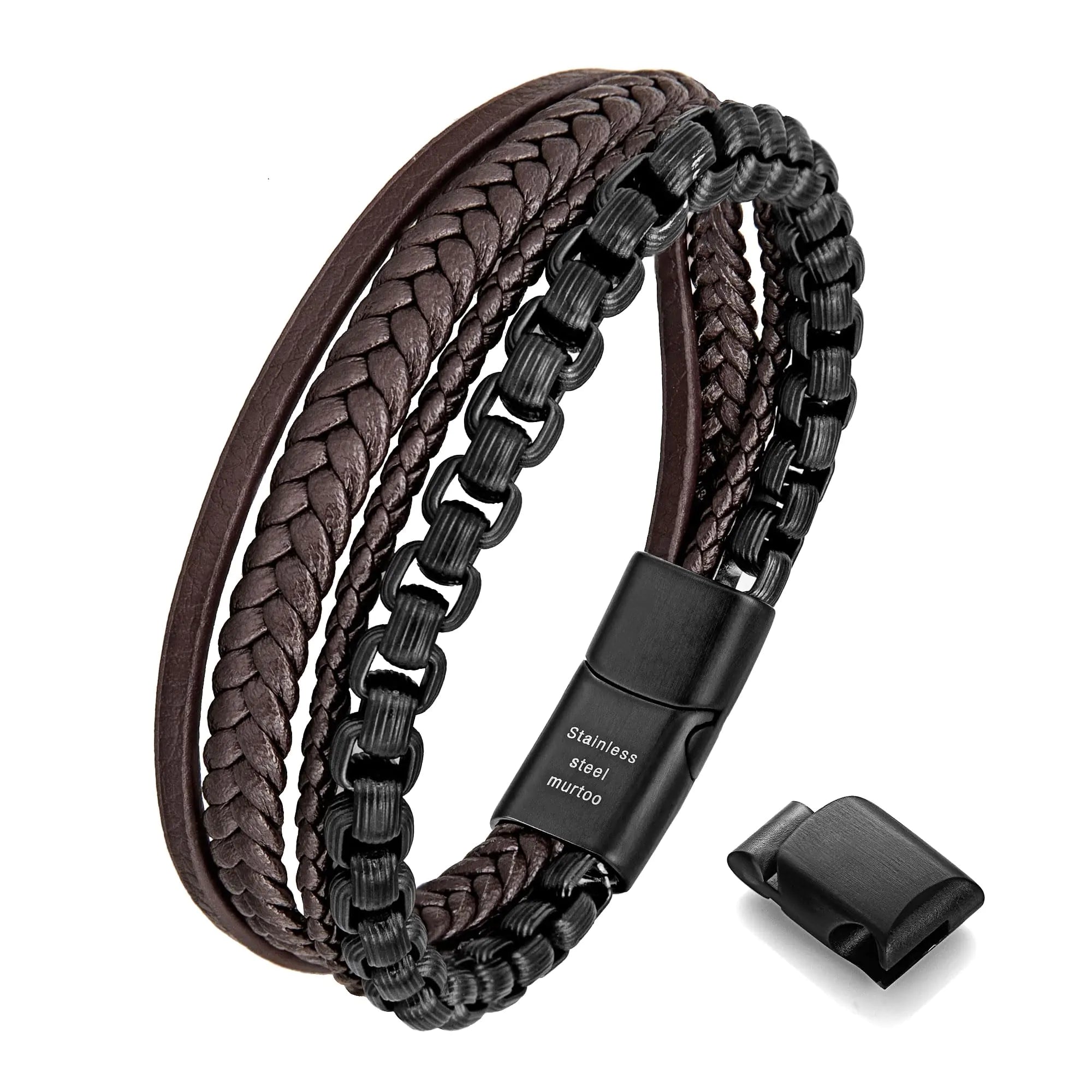 murtoo Mens Bracelet leather and Steel Stainless Steel Chain and Leather Bracelets for Men (Brown Leather&Black Chain 7.87")