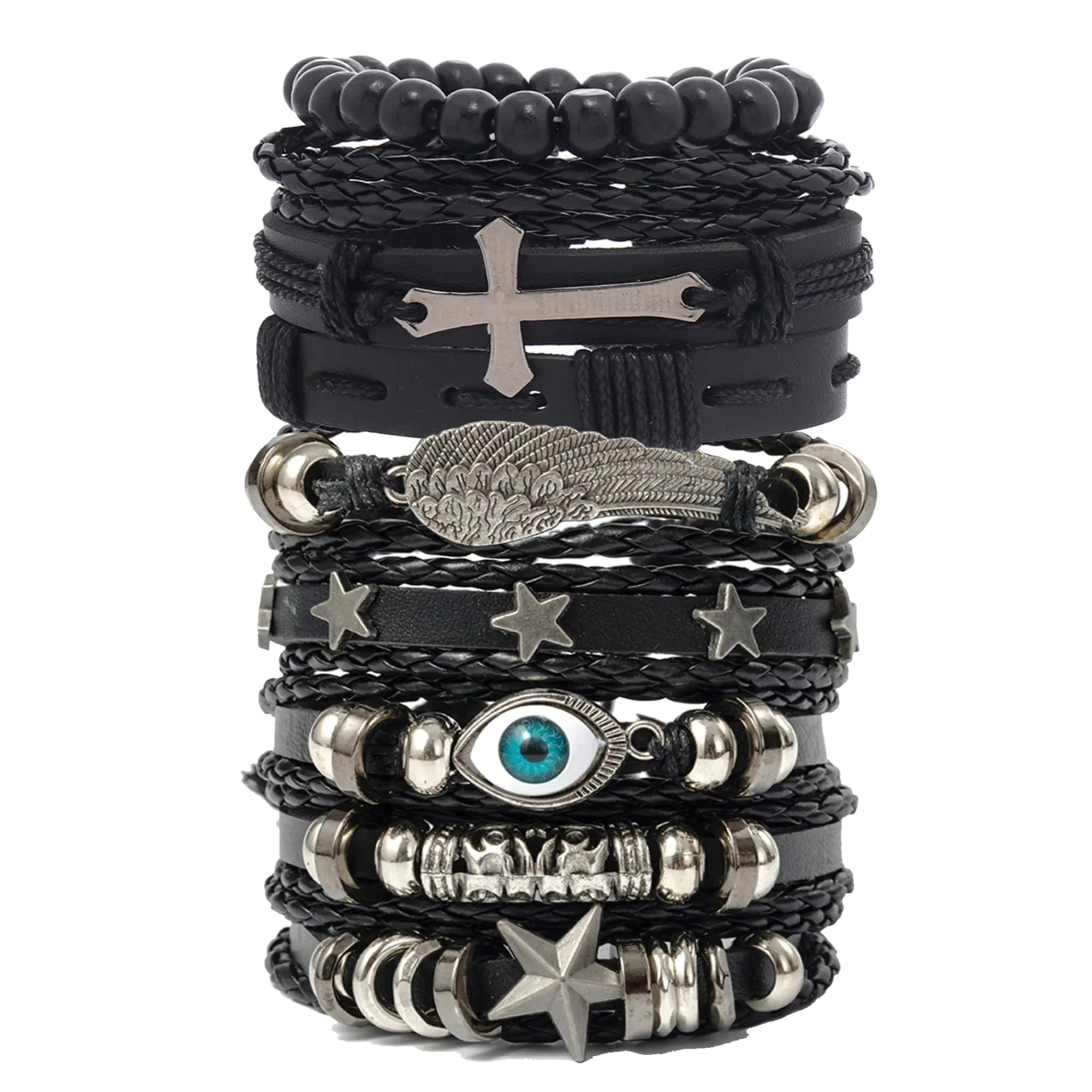 EGOINA Punk Leather Bracelet for Men Leather 8-10 PCS Braided Cuff Bracelet Wooden Beads Skull Metal Leather Bracelet