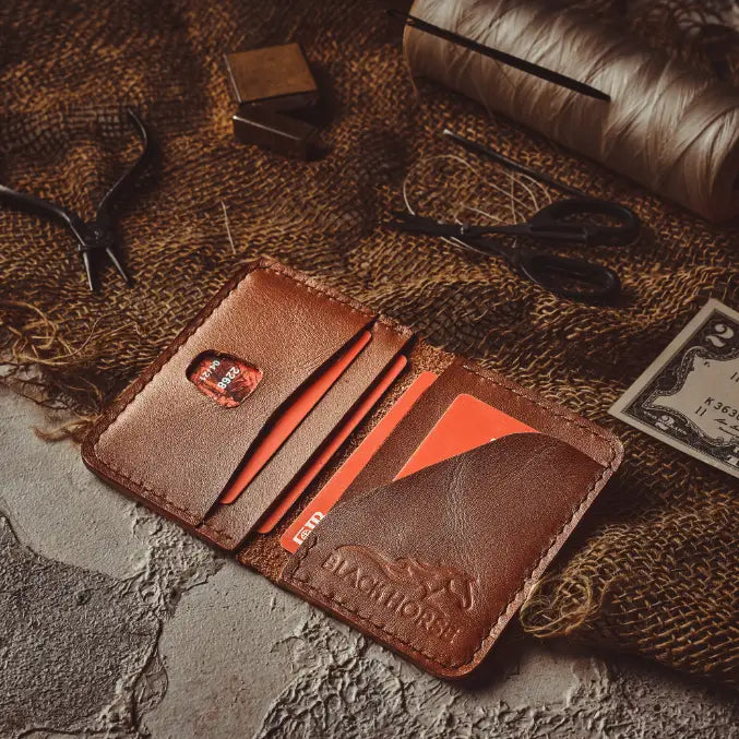 Bifold Leather Card Holder Slim Smooth Brown.